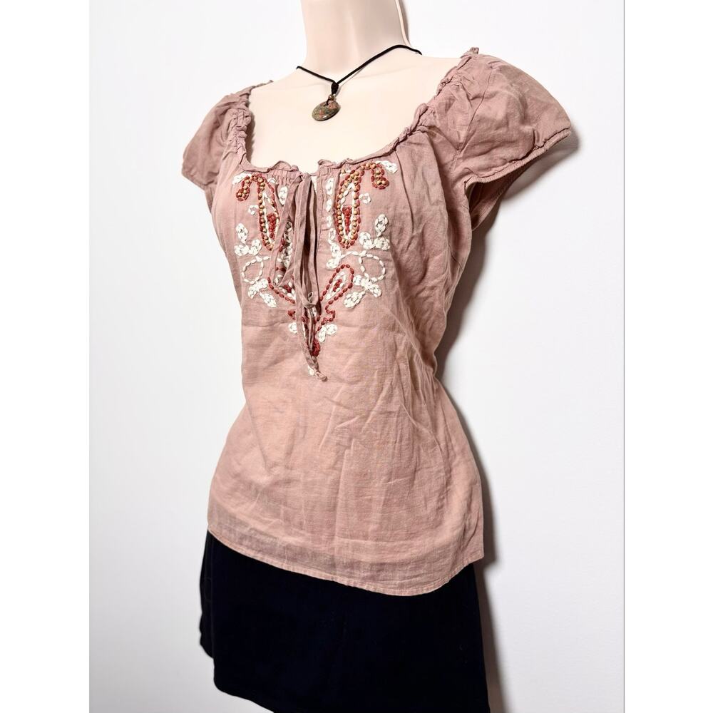 Vtg Y2K Fang Brown Peasant Blouse Paisley Beaded Embroidery Size M